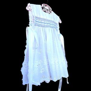 Handmade Baby Girl Dress With Embroidered Smocking & Satin Ribbon Ties Vintage